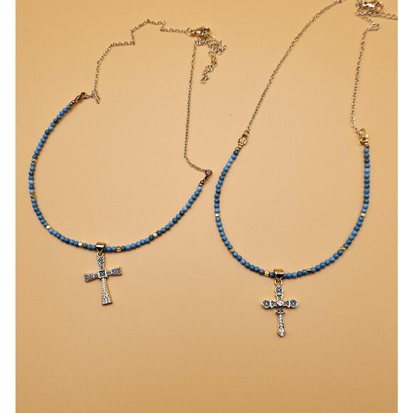 Handmade Blue Turquoise Cross Necklace Choose Gold Plate Adjustable Chain - Picture 5 of 9